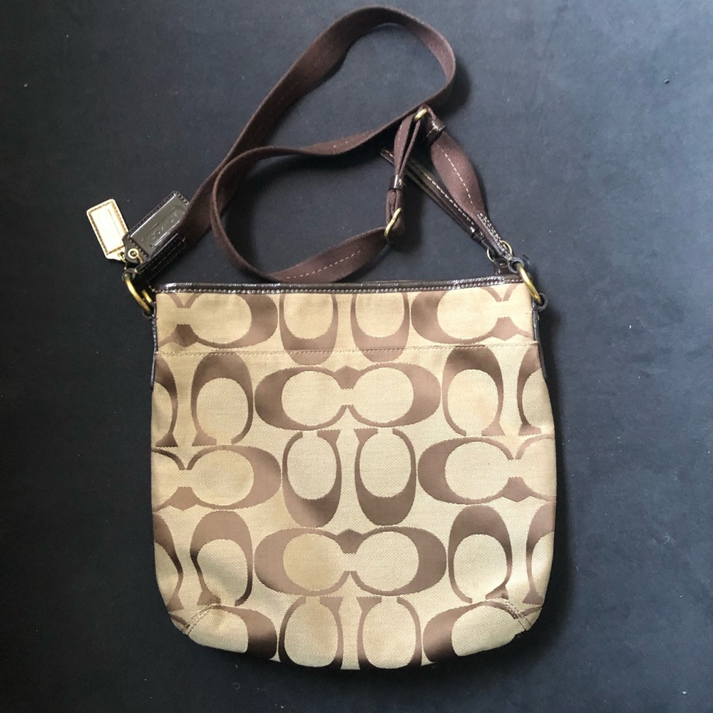 Coach Signature Leather Trim Crossbody bag khaki and brown - Picture 3 of 10